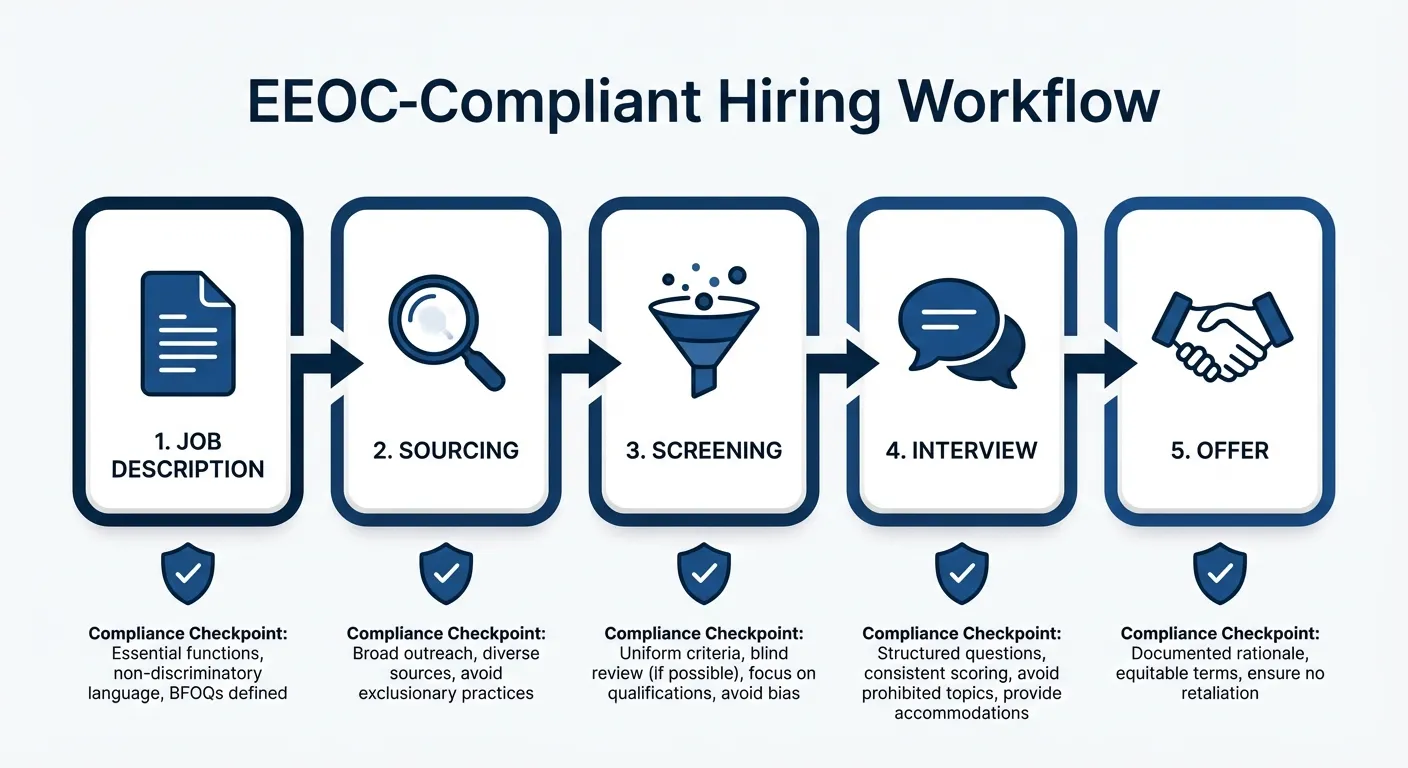 5-stage EEOC-compliant hiring workflow showing Job Description, Sourcing, Screening, Interview, and Offer stages with compliance checkpoints